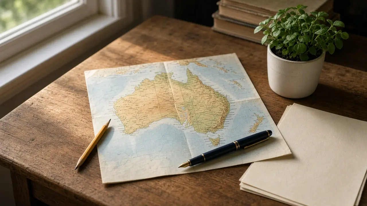Writing desk with a paper map of Australia, a navy pen and a small green plant in window light