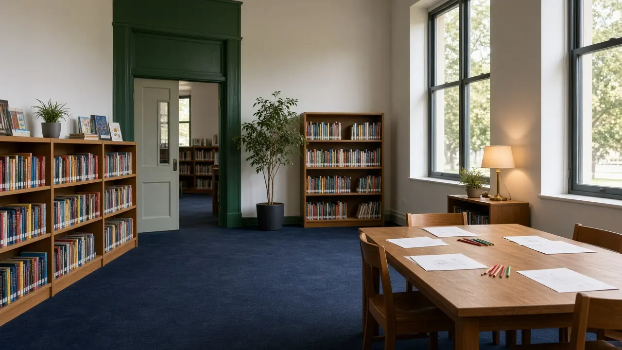 Empty Australian public school library with wooden shelves and warm window light