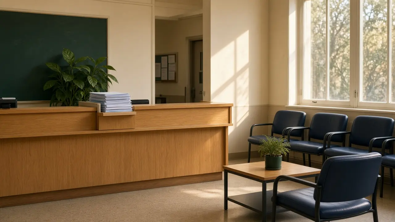 Empty Australian school office counter with paper forms and morning light through tall windows
