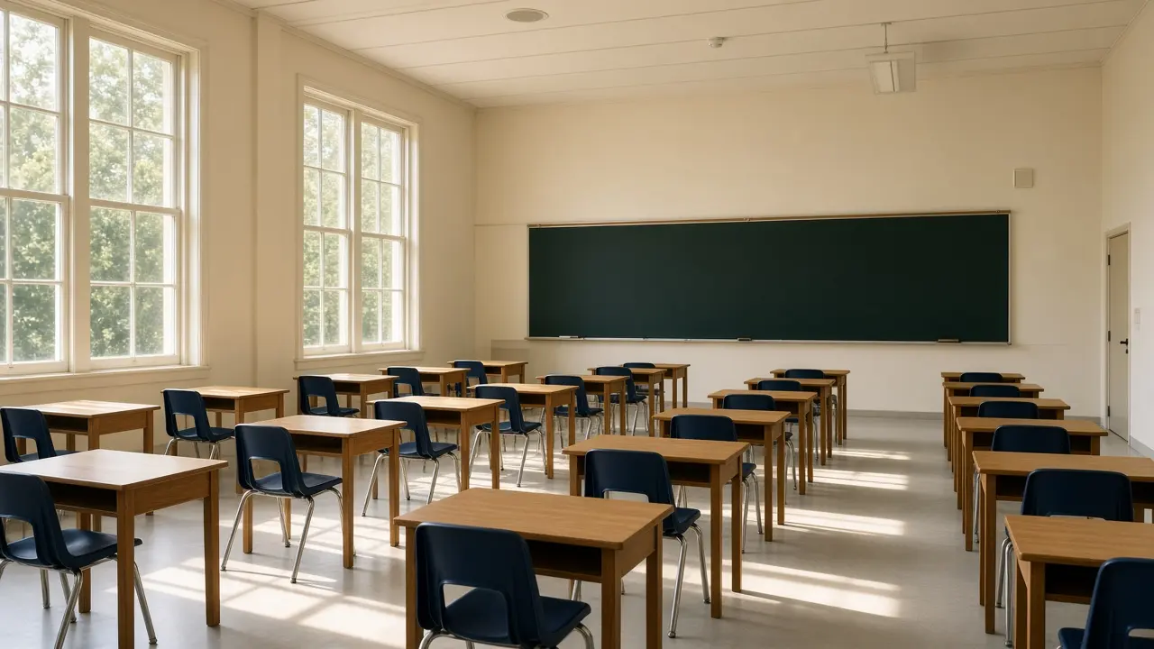 Empty sunlit high-school exam hall with rows of timber desks and a blank chalkboard