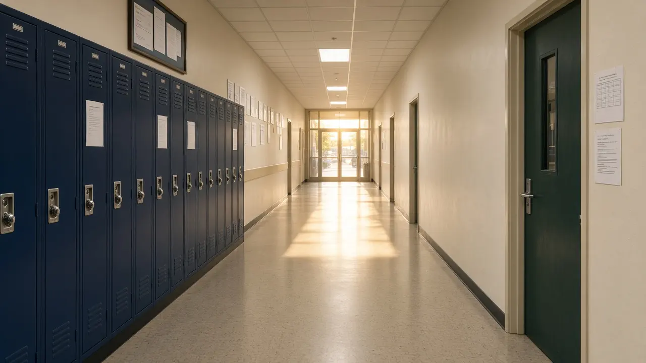 Australian public school corridor with navy lockers and sunlight at the far door