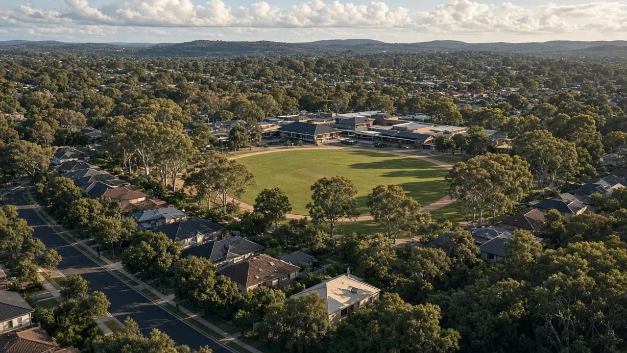 Leafy Australian suburb and school oval seen from above in late afternoon light