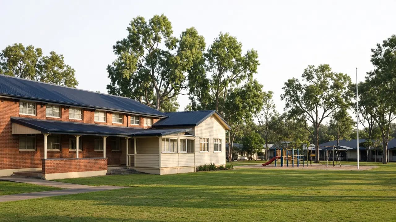 Australian public school building and playground among eucalyptus trees on a clear morning