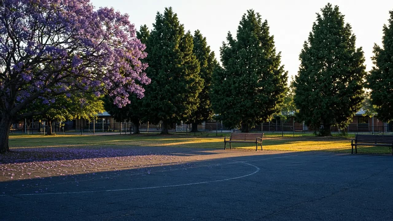 Quiet Australian school playground and jacaranda trees under a bright sky